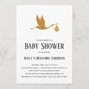 Invitation Couples Baby shower Faux Gold Foil Stork avec/Bund