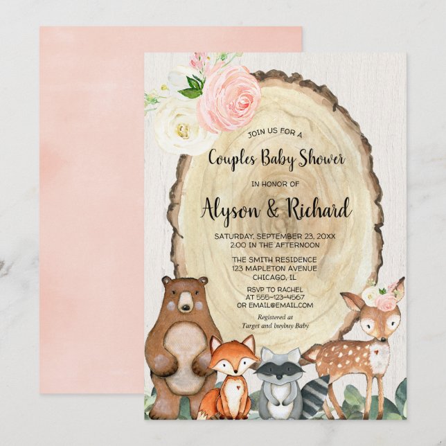 Invitation Couples baby shower fille animal de forêt rose (Devant / Derrière)