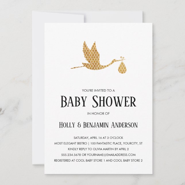 Invitation Couples Baby shower Preppy Gold Stork avec/Bundle (Devant)