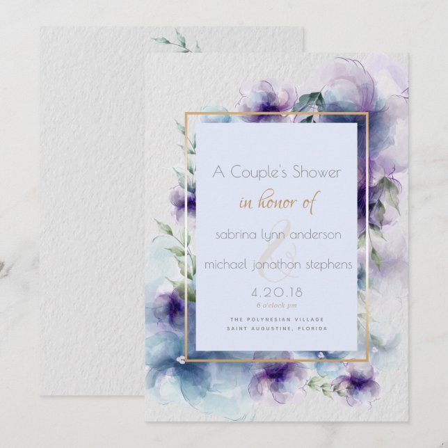 Invitation Couples Bleu Violet Aquarelle Translucide (Devant / Derrière)
