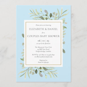 Invitation Couples Bleus Bébé Garçon Douche Eucalyptus Verdur