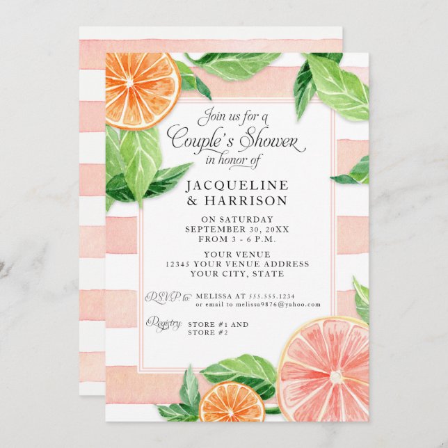 Invitation Couples Citrus Pink Grapefruit Aquarelle (Devant / Derrière)