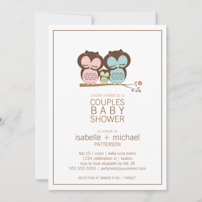 Invitation Couples de la famille Cute Owl Baby shower Neutre (Devant)