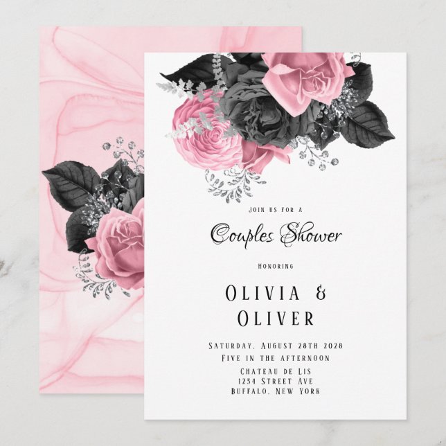 Invitation Couples d'encre couleur rose et noire de luxe avec (Devant / Derrière)