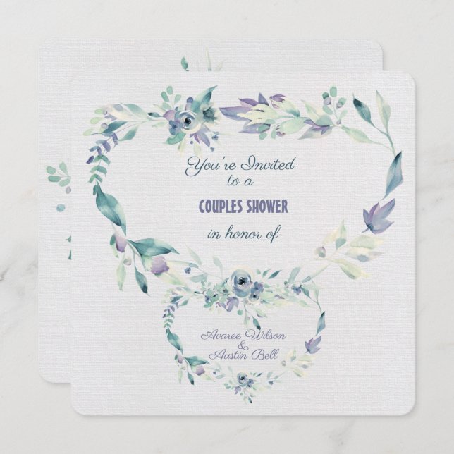 Invitation Couples Douche Aquarelle Bleu Fleurs Cadre (Devant / Derrière)