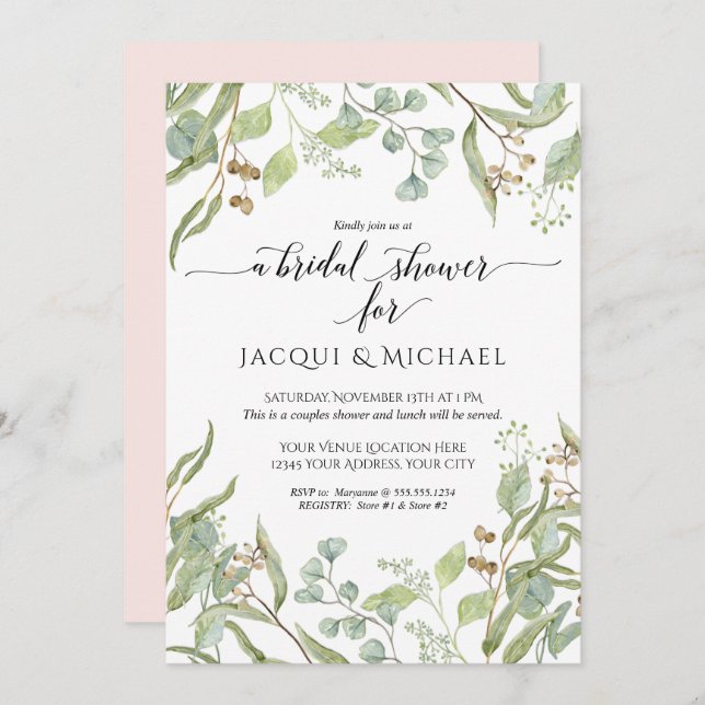 Invitation Couples Douche Aquarelle Eucalyptus Vert rose (Devant / Derrière)