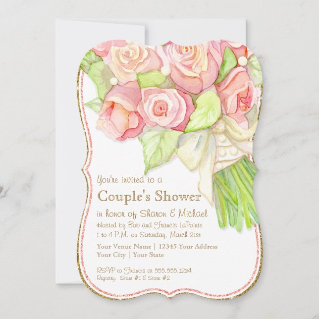 Invitation Couples Douche Aquarelle Rose Bouquet Perles (Devant)