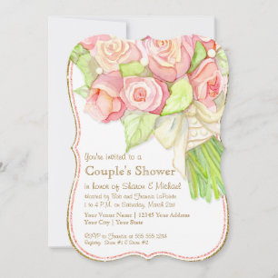 Invitation Couples Douche Aquarelle Rose Bouquet Perles