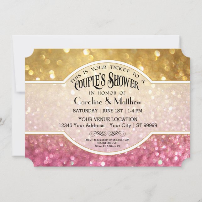 Invitation Couples Douche Bokeh Movie Style Billet Or rose (Devant)