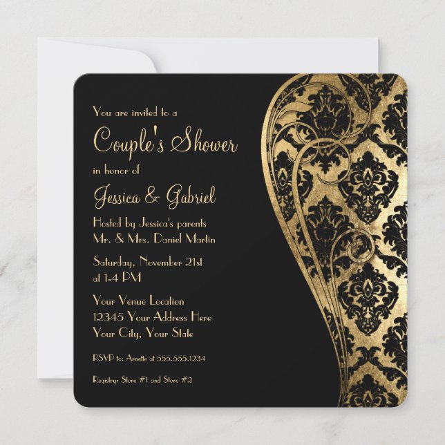 Invitation Couples Douche Feuille or Look Damask Scroll Invit (Devant)