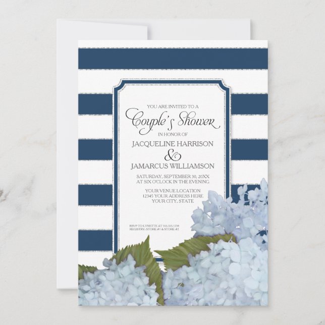 Invitation Couples Douche Marine Blue Hydrangea Script Art Dé (Devant)