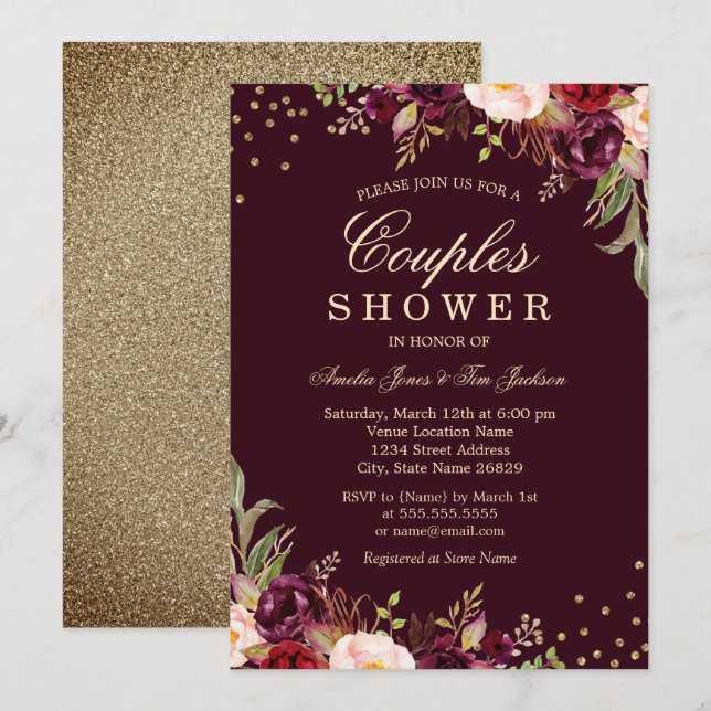 Invitation Couples Douche Or Bourgogne floral Sparkle (Devant / Derrière)