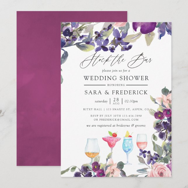 Invitation Couples Floraux Violet et Prune Approvisionnent le (Devant / Derrière)