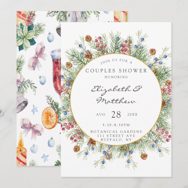 Invitation Couples Gold Wreath de Noël Douche (Devant / Derrière)