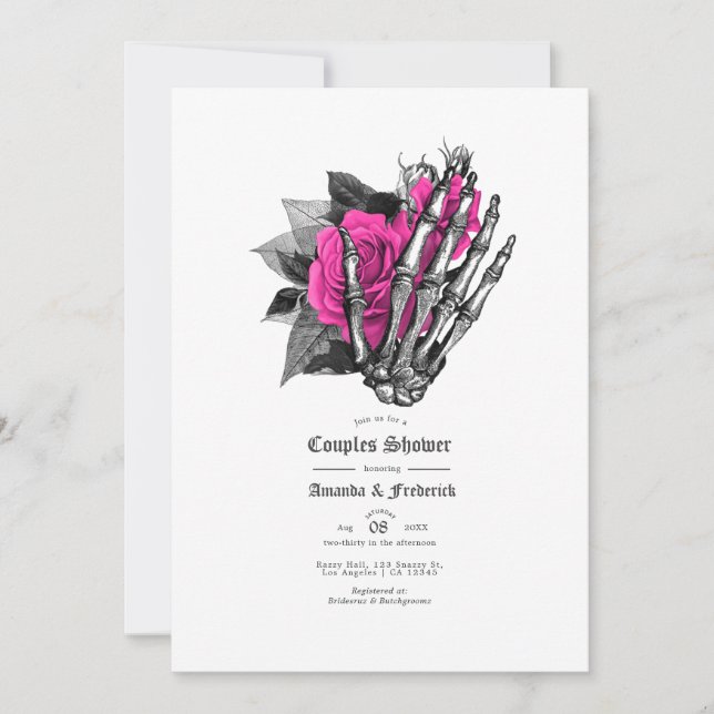 Invitation Couples gothiques Floral bleu de la Marine et rose (Devant)