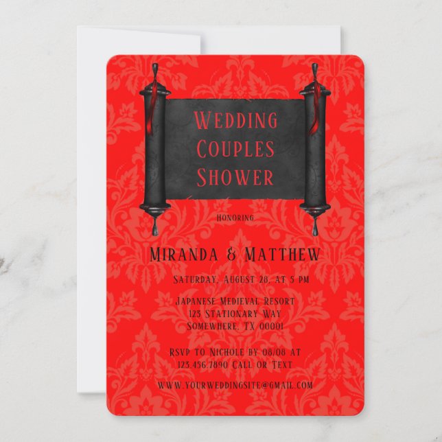 Invitation Couples japonais Red Scroll Black Mariage damassé (Devant)