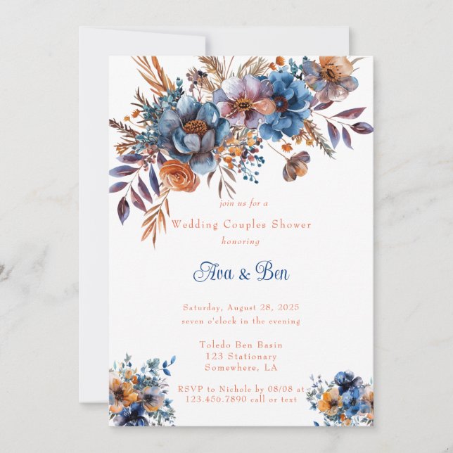Invitation Couples Mariage Floral bleu et orange douche (Devant)