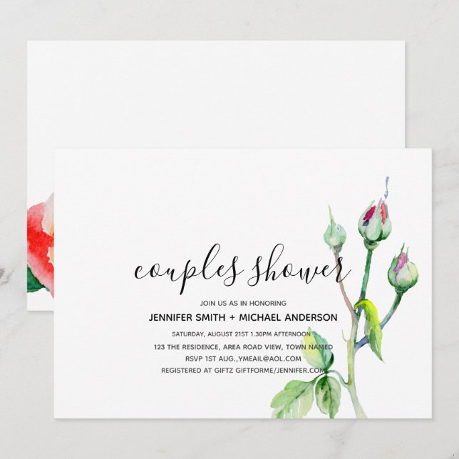 Invitation COUPLES MODERNES Fête de douche Roses aquarelle Ma (Devant / Derrière)