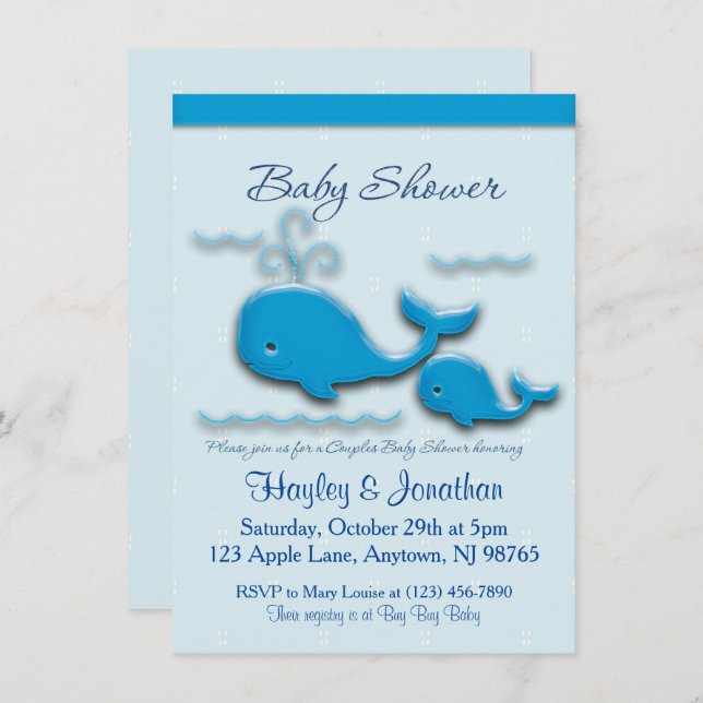 Invitation Couples personnalisables Baby shower baleine (Devant / Derrière)