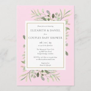 Invitation Couples roses Bébé Fille Douche Eucalyptus Verdure