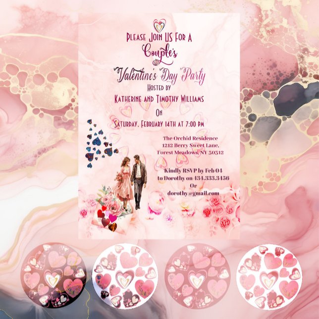 Invitation Couples Roses Coeurs Floraux Saint Valentin (Couples Pink Floral Hearts Valentine's Day Party Invitation)