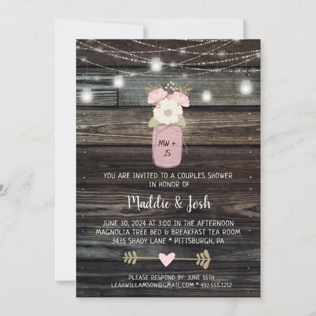 Invitation Couples rustiques Douche Mason Jar Lights Boho Flo (Devant)
