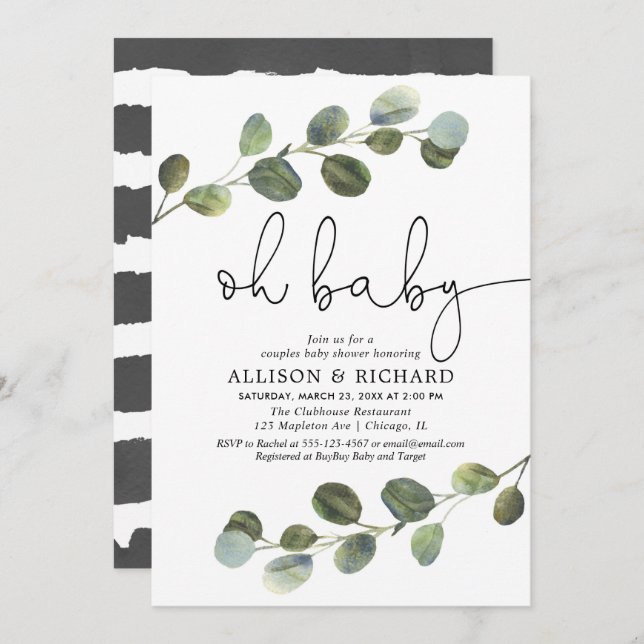 Invitation Couples sans sexe baby shower eucalyptus (Devant / Derrière)