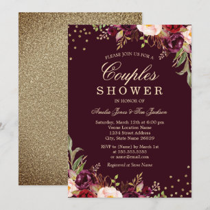 Invitation Couples Show Gold Floral Sparkle Bourgogne