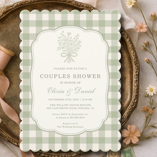 Invitation Couples Shower Gingham Sage Green Floral Bow  (Créateur téléchargé)
