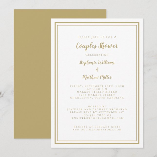 Invitation Couples Wedding shower Fiançailles Chic Gold Blanc (Devant / Derrière)