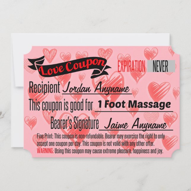 Invitation Coupon d'amour pour le massage des pieds (Devant)
