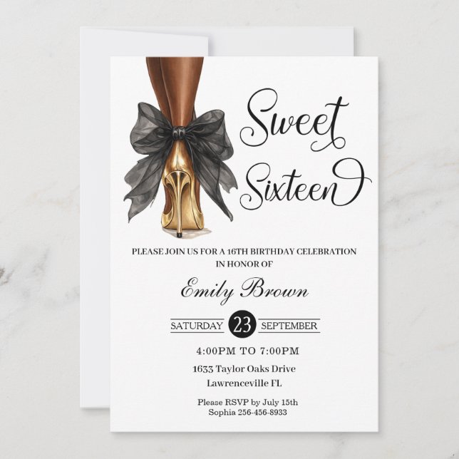 Invitation Couquette Black Ribbon Bow Fashion Heels Sweet 16  (Devant)