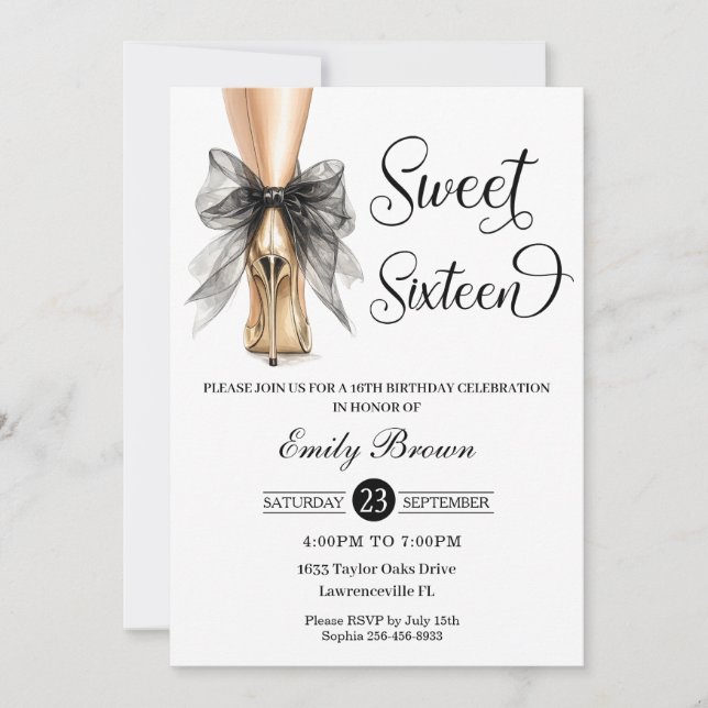 Invitation Couquette Black Ribbon Bow Fashion Heels Sweet 16  (Devant)