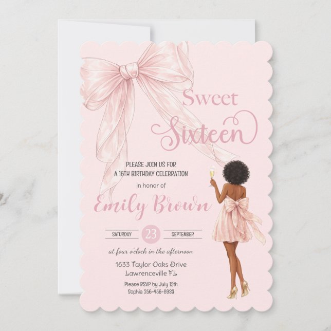Invitation Couquette Blush Bow Brown Fashion Girl Sweet 16 (Devant)