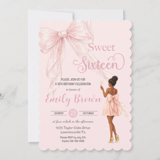 Invitation Couquette Blush Bow Brown Fashion Girl Sweet 16 (Devant)