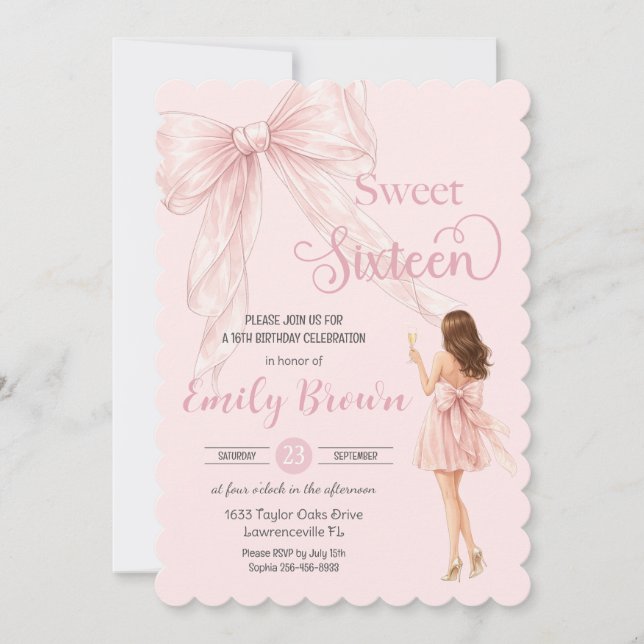 Invitation Couquette Blush Bow Brunette Fashion Girl Sweet 16 (Devant)