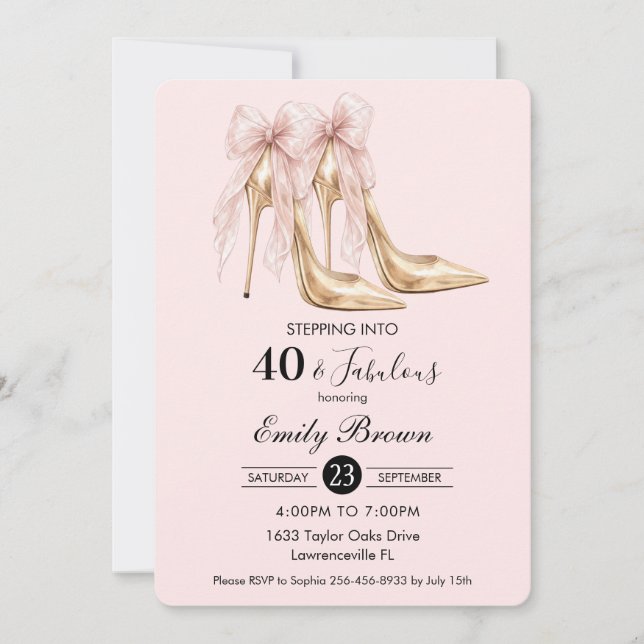 Invitation Couquette Blush Bow Fashion Heel 40th Birthday (Devant)