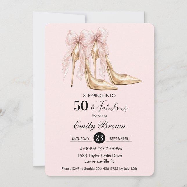 Invitation Couquette Blush Bow Fashion Heel 50th Birthday (Devant)