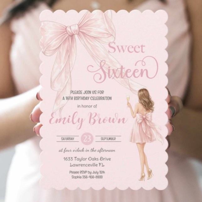 Invitation Couquette Blush Ribbon Bow Fashion Girl Sweet 16 (Créateur téléchargé)