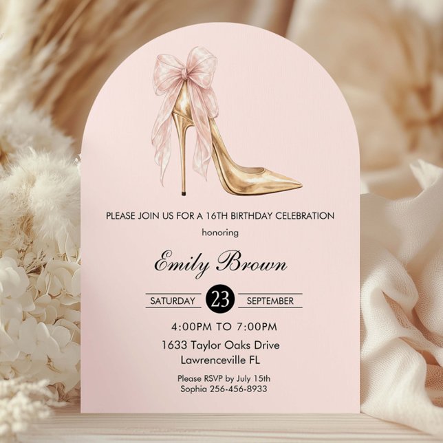 Invitation Couquette Blush Ribbon Bow Fashion Heel Birthday (Créateur téléchargé)