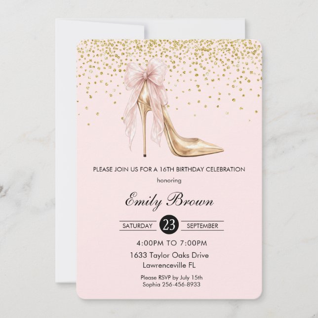 Invitation Couquette Blush Ribbon Bow Fashion Heel Sweet 16 (Devant)