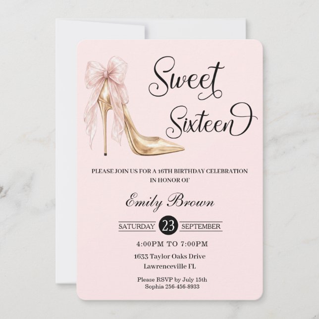 Invitation Couquette Blush Ribbon Bow Fashion Heel Sweet 16 (Devant)