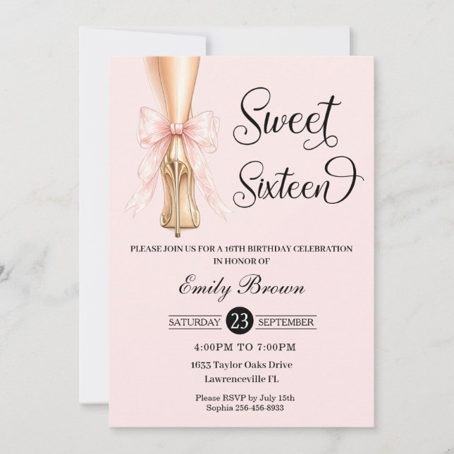 Invitation Couquette Pink Ribbon Bow Fashion Heels Sweet 16  (Devant)