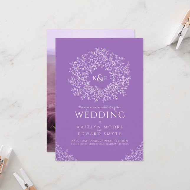 Invitation Courbe botanique de feuilles de printemps violette (Devant/Arrière en situation)