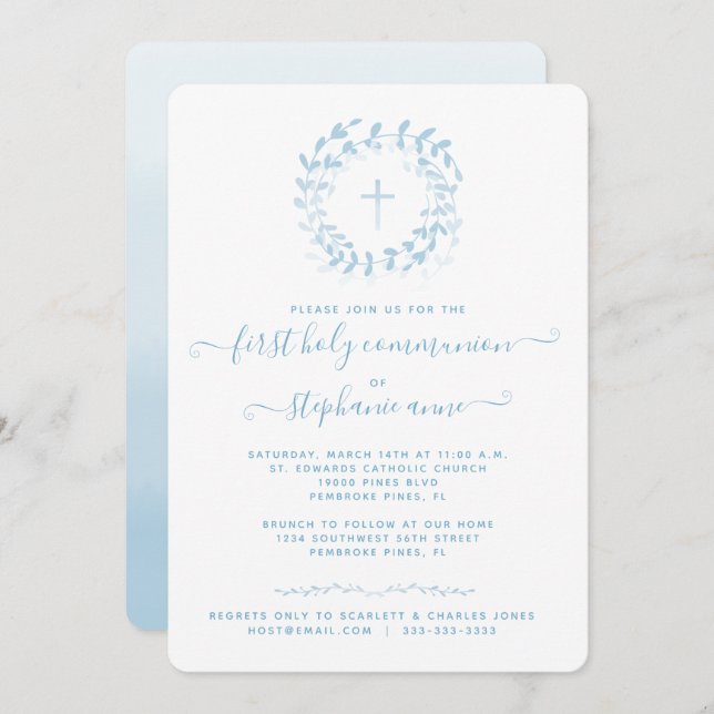 Invitation Courbe et croix bleu communion (Devant / Derrière)