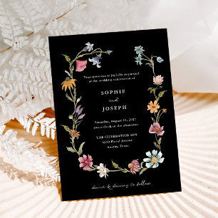 Invitation Courbe Fleur sauvage Boho   Mariage noir