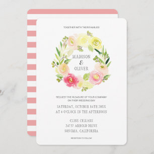 Invitation Courbe florale rose et jaune  Mariage