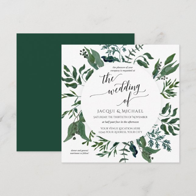 Invitation Couronne aquarelle de feuillage forestier pour mar (Devant / Derrière)