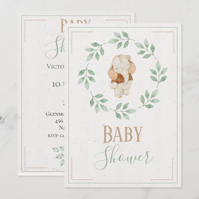 Invitation Couronne aquarelle éléphant Baby Shower (Devant / Derrière)