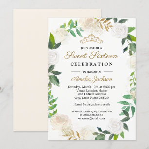 Invitation Couronne aquarelle Or Rose Sweet Sixteen 16 ans